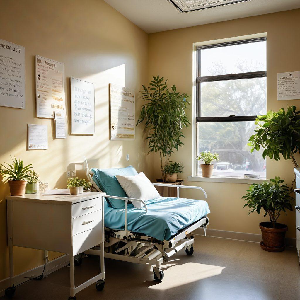A serene hospital room with a patient receiving supportive care from a compassionate nurse, surrounded by uplifting motivational quotes on the walls. Include a soft sunlight filtering through the windows, and a small table with healing plants and a journal. Capture the essence of hope, resilience, and community support. super-realistic. vibrant colors. warm lighting.