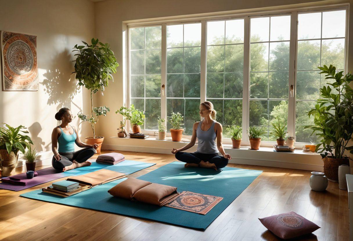 A serene scene depicting a diverse group of individuals engaging with various wellness tools such as yoga mats, journals, and herbal teas, set in a bright, sunlit room filled with plants and calming colors. A large window shows a tranquil nature view outside, symbolizing hope and healing. Incorporate symbols of mindfulness like mandalas and essential oils scattered around. super-realistic. vibrant colors. warm light.