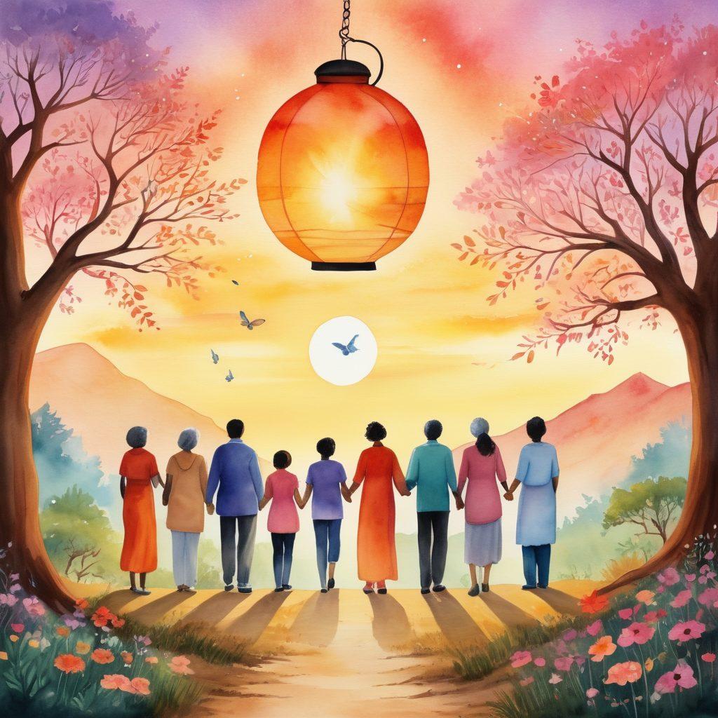 A symbolic collage representing the cancer journey, featuring a diverse group of patients and caregivers gathering around a glowing lantern of hope. Include elements like supportive hands, medical resources such as brochures and a stethoscope, and symbols of strength like a butterfly and a tree. The background should convey a path leading through a serene landscape, symbolizing growth and resilience. watercolor style. warm and inviting colors.